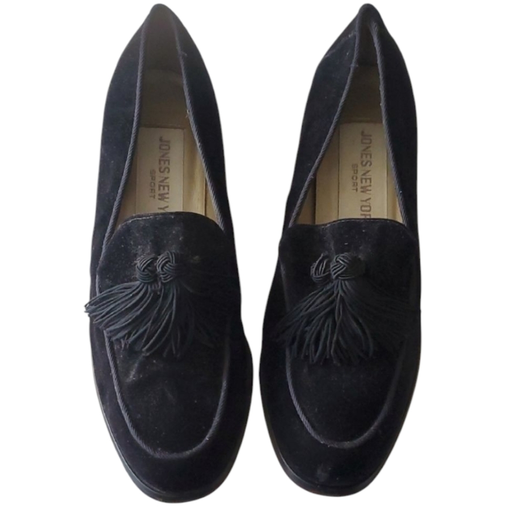 Jones New York Black Vintage Suede Slip On Loafers with Embroidered Design 6.5 - Picture 1 of 15